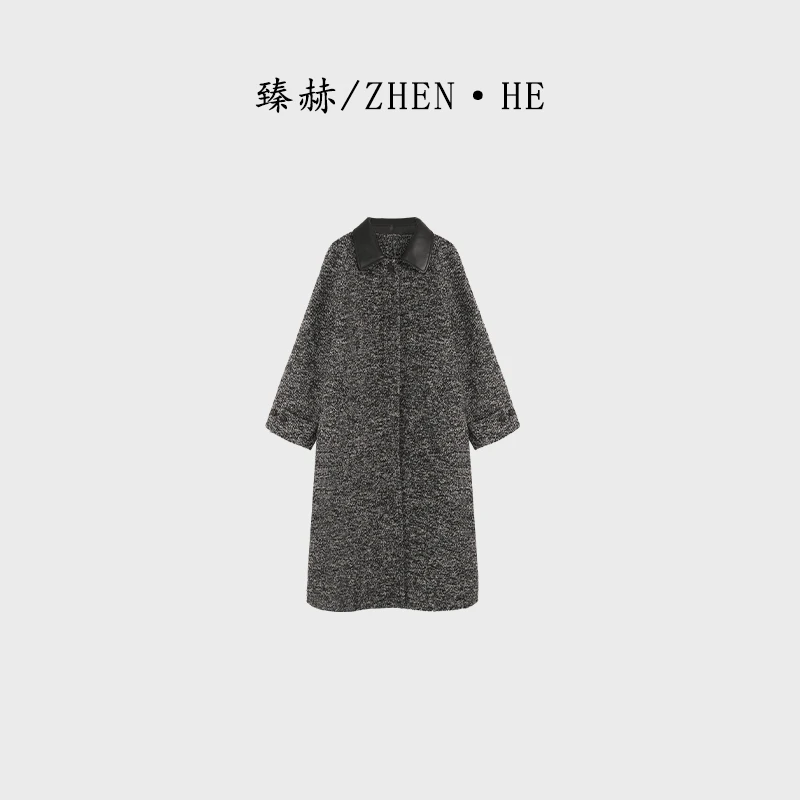 臻赫/ZHEN·HE 冬季新款 女士拼皮翻领长大衣 2025冬