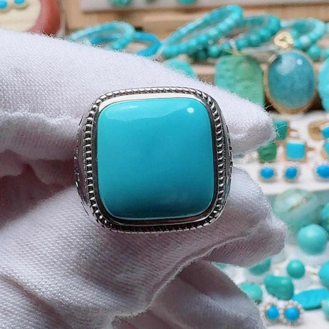 绿松石银S925镶嵌珠宝奇石玉华蓝方糖戒指