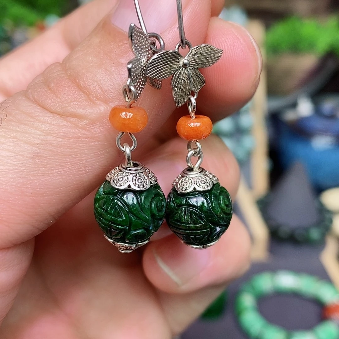 翡翠耳饰银S925镶嵌漂亮美眉