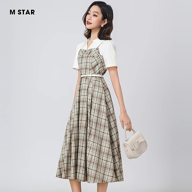 M-Star夏季新款复古翻领格纹拼接格子连衣裙显瘦裙子女SFBL121817