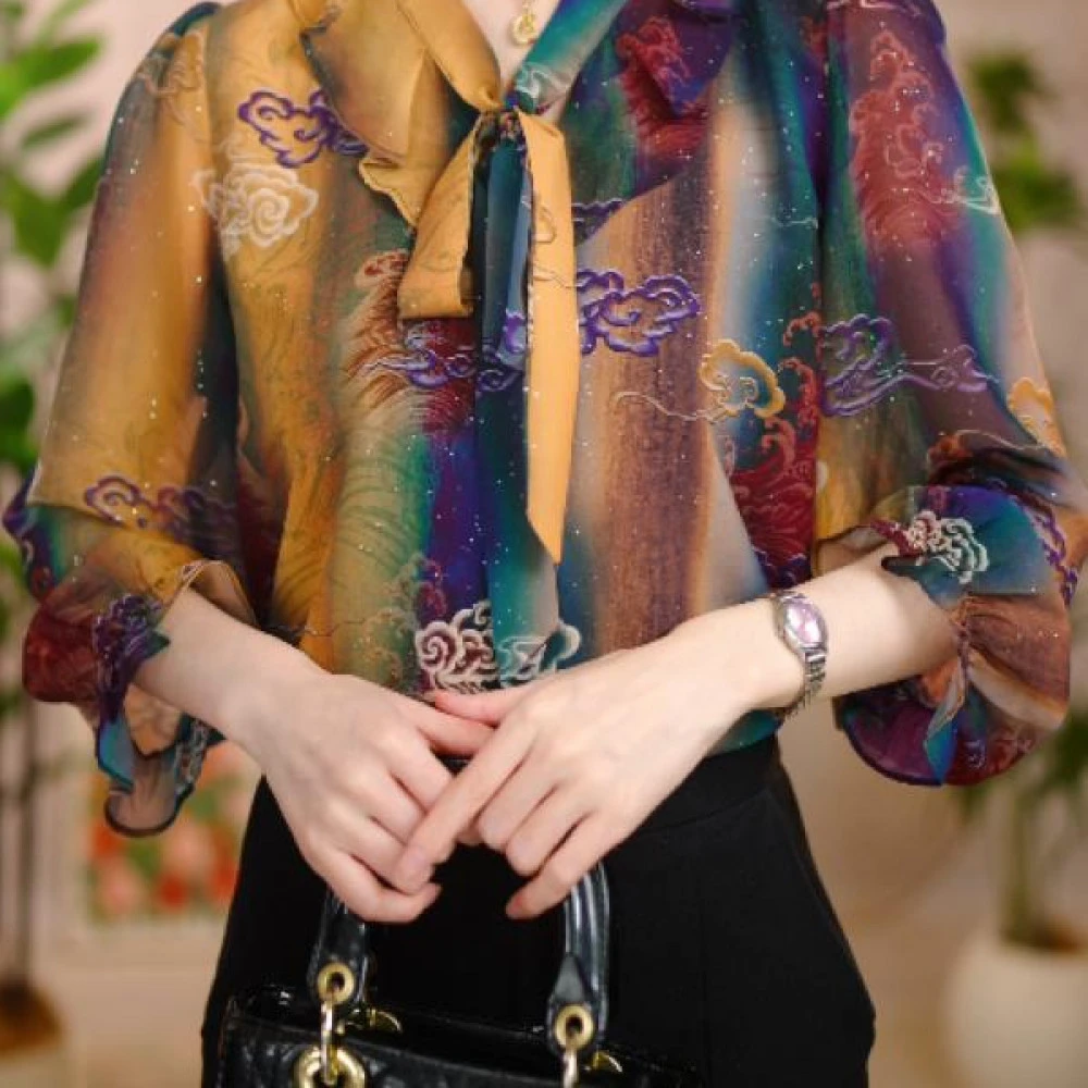 2025新款七彩祥云优雅气质典雅衬衫春夏款