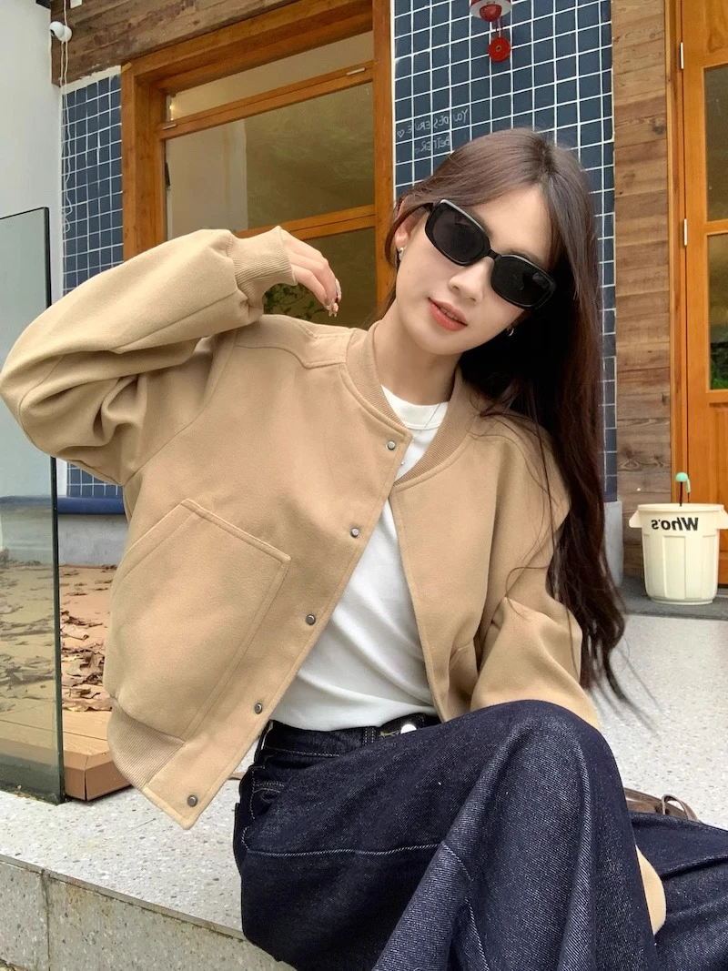 复古拼接短款夹克外套女秋季新款高级感宽松休闲棒球服上衣潮ins