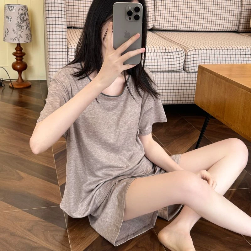 夏季短袖莫代尔睡衣女宽松日系宽松休闲带胸垫ins显瘦云朵家居服