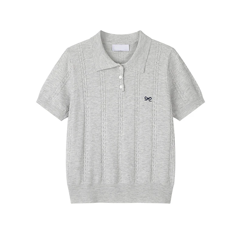 蝴蝶结刺绣冰丝短袖T恤女夏季新款韩系正肩polo衫针织衫上衣薄款