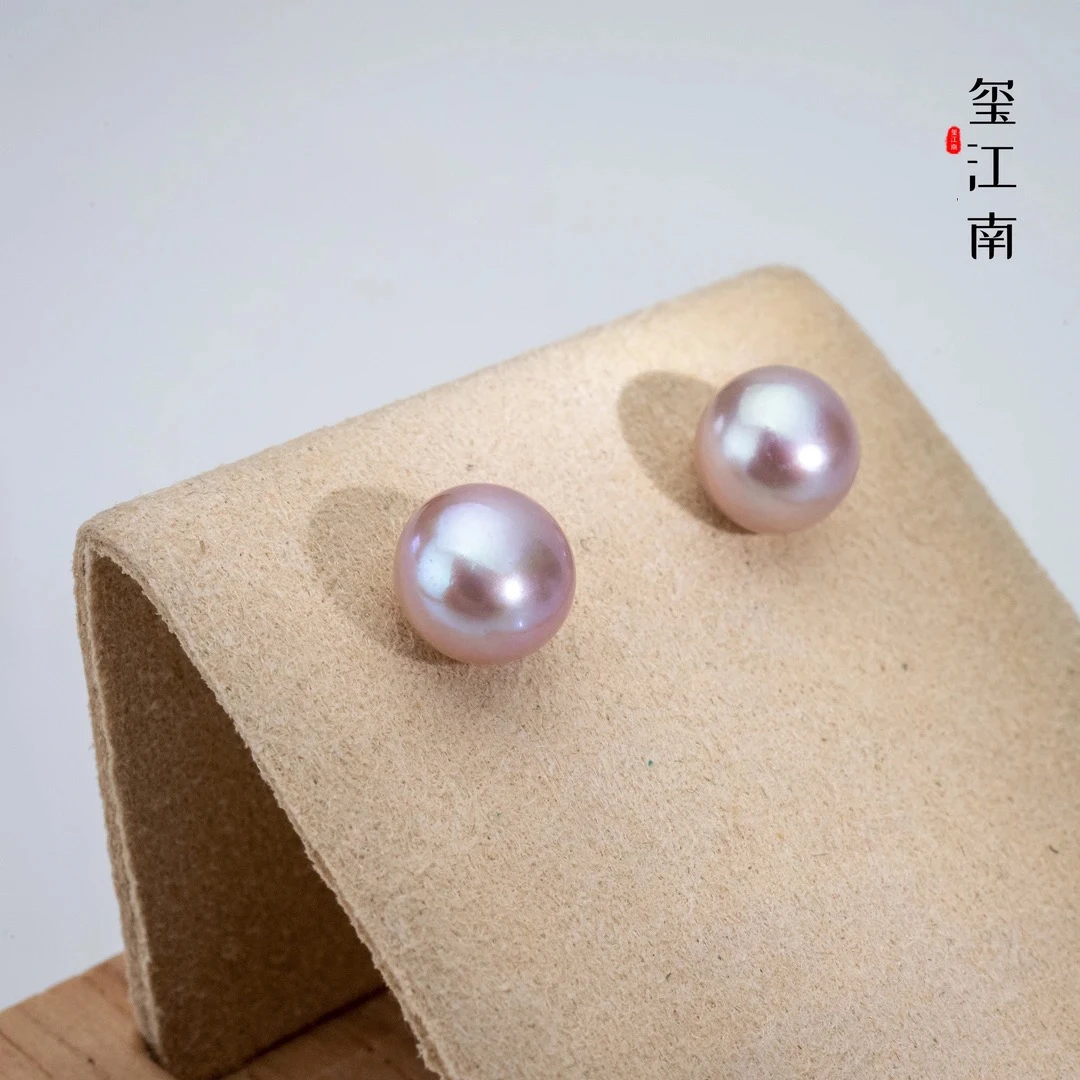 女神大油画紫耳钉｜8.3～9.3mm淡水无核珍珠简约耳钉空姐素钉 FE067