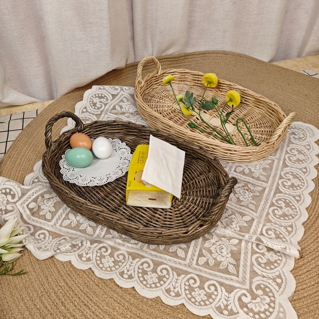 椭圆形创意手工简约收纳筐藤编客厅日式茶盘柳编家用美式复古篮子