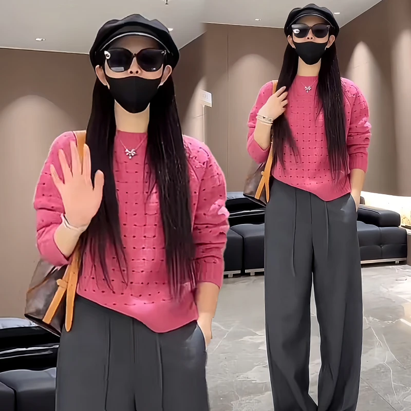 小个子宽松百搭针织衫女2025秋冬新款设计感小众镂空纯色长袖上衣