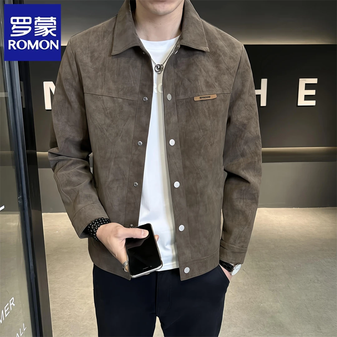 Romon/罗蒙春秋季男士新款痞帅高级感翻领仿麂皮夹克春装衣服外套