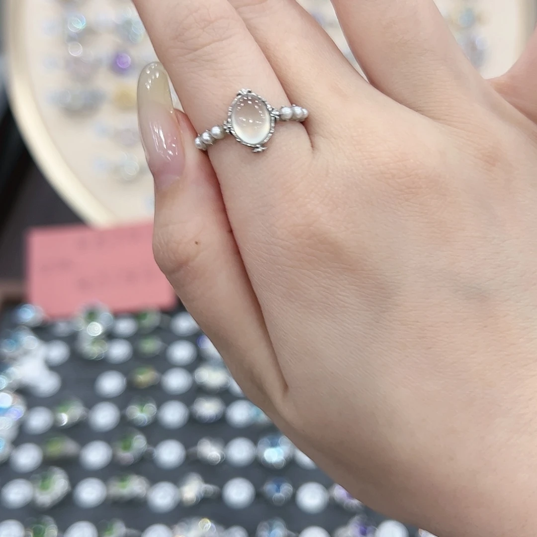 蛇纹石玉戒指银S925镶嵌R*