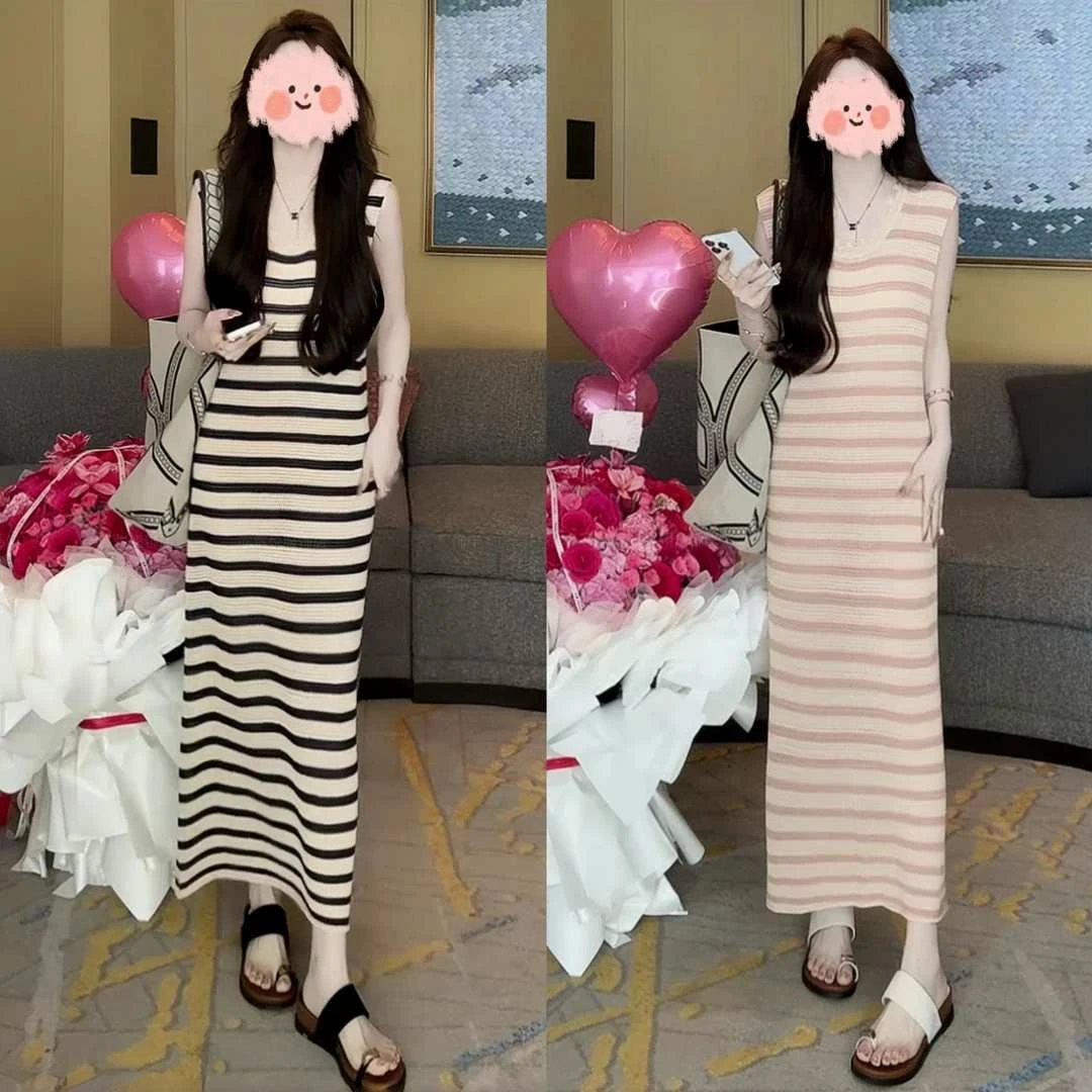 甜美可爱风格衣服2025夏季撞色镂空透气长款针织连衣裙洋气衣服女