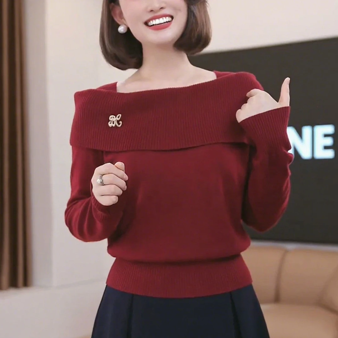 2025秋季新款洋气设计感一字领套头上衣时尚简约大气纯色针织衫潮