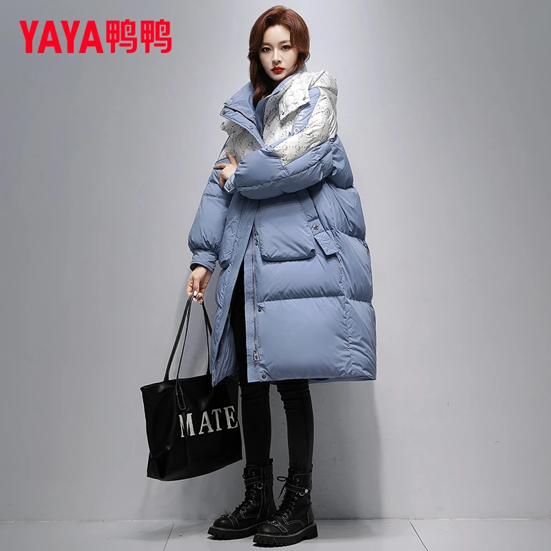 YAYA/鸭鸭撞色宽松羽绒服女长款2025冬新款加厚过膝保暖韩版外套