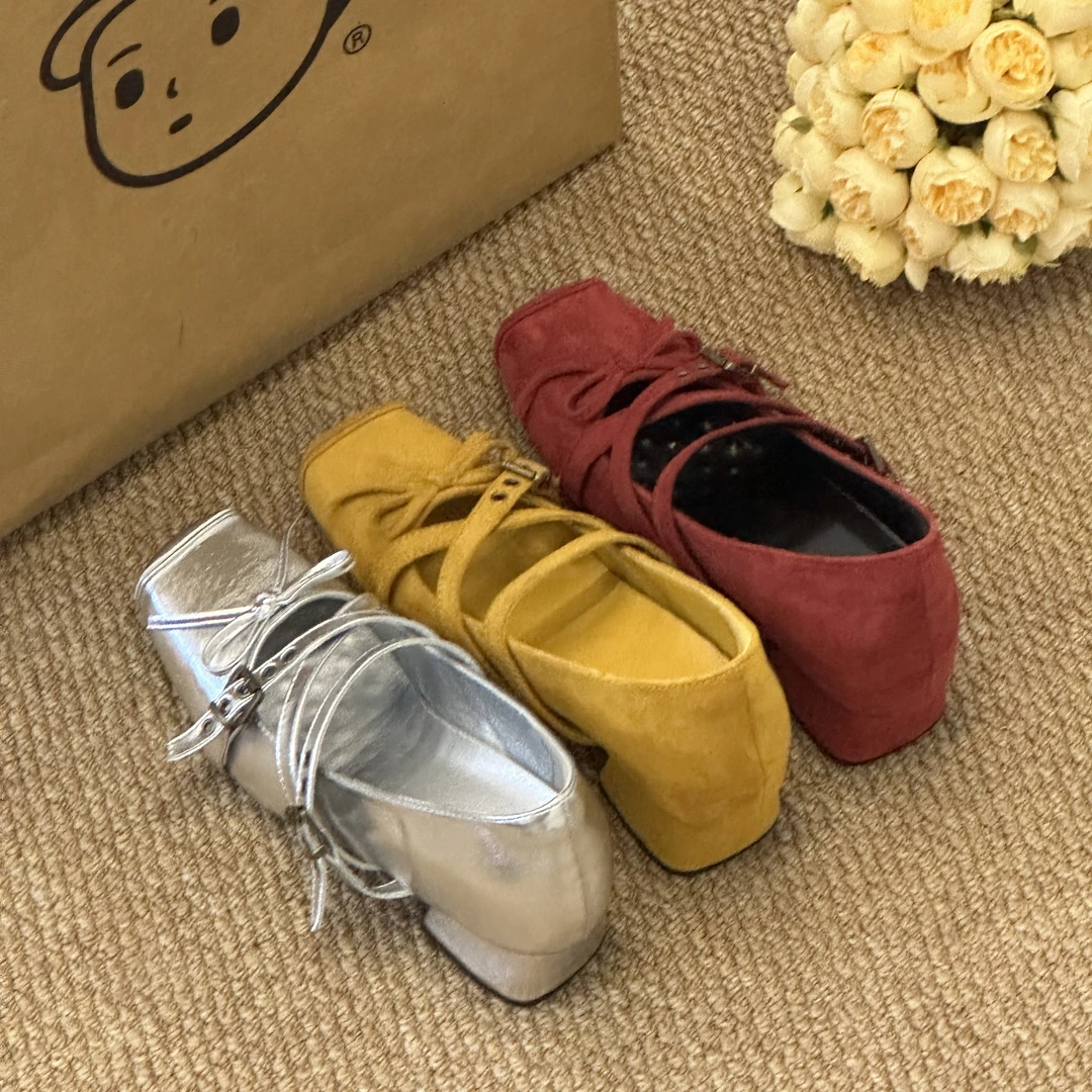 晚睡兰·内增高7cm芭蕾风交叉2025软底小个子复古磨砂方头粗跟单鞋