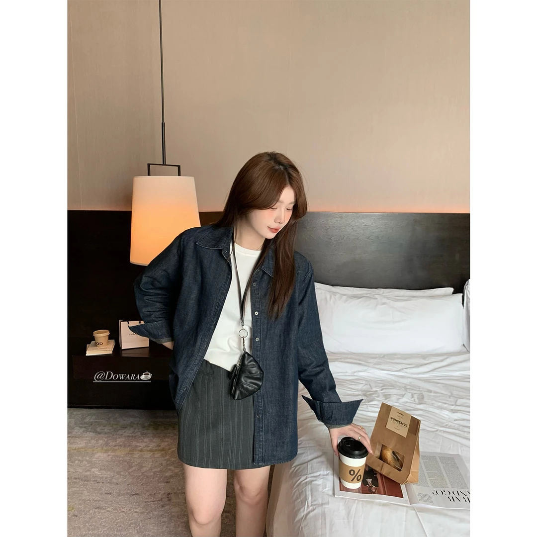 现货6672D大婉酱微胖定制复古牛仔衬衫早春柔软休闲百搭长袖外套