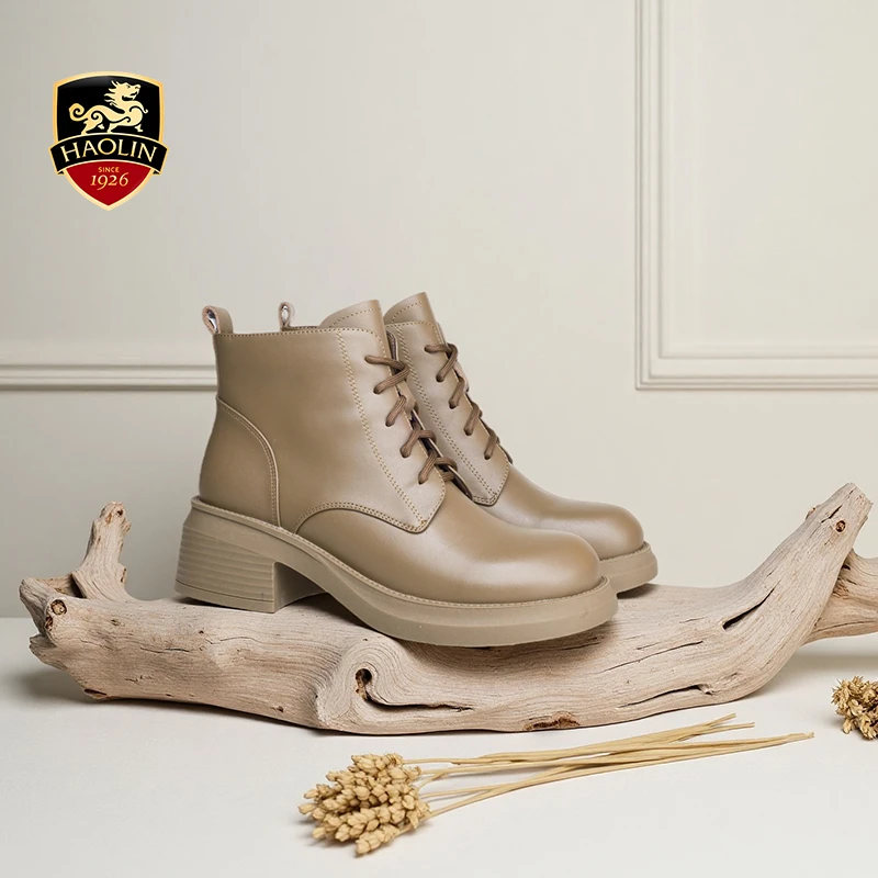 豪麟名鞋迪嘉女鞋舒适秋冬中跟马丁靴牛皮革DJMEO52WN201