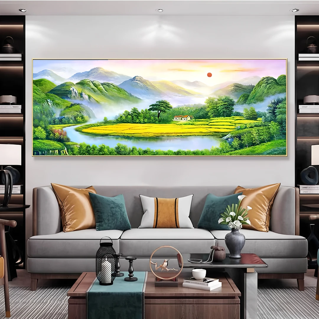 旭日东升客厅装饰画墙壁山水画聚宝盆横版挂画壁画客厅背景墙挂画