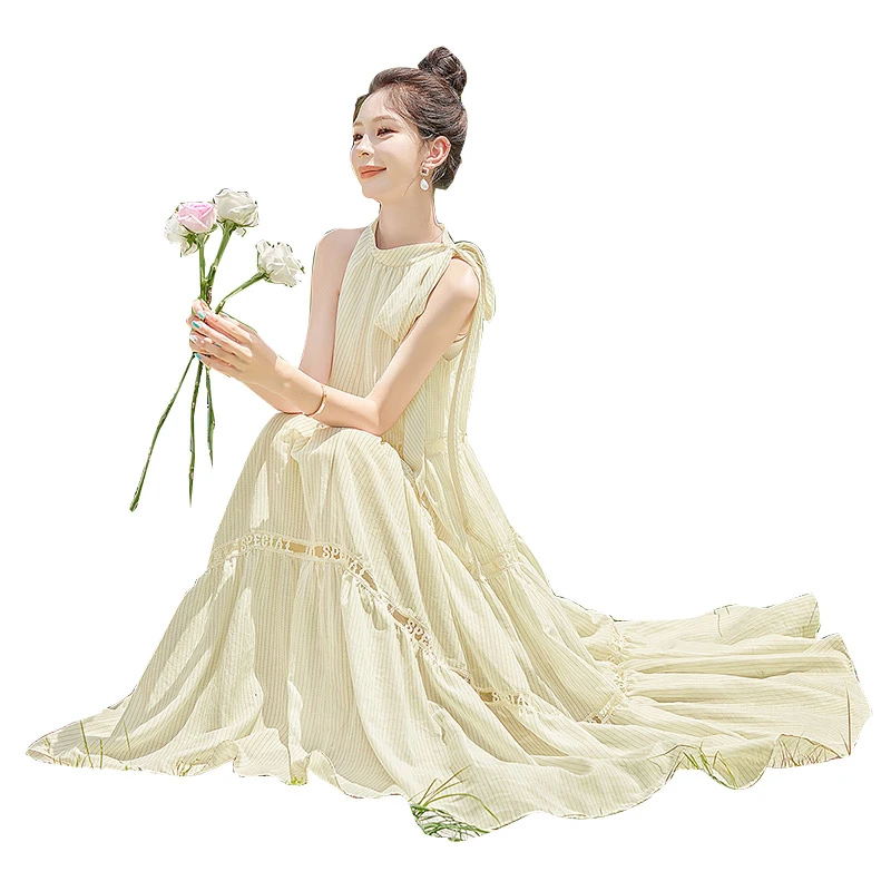 丝柏舍2025夏季新款女装无袖挂脖度假风拼接长款连衣裙S42B1767LA