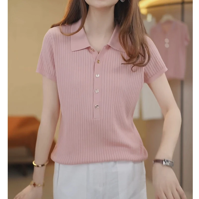 羽惜严选女装直播间同款冰凉~透气新款方领短袖女针织上衣8695