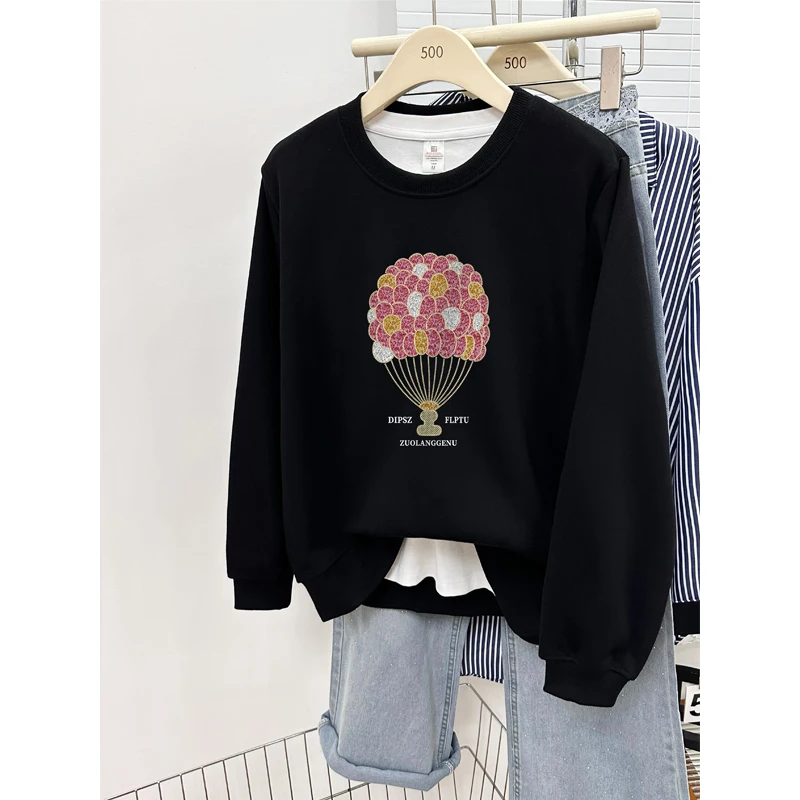 圆领正肩卫衣女大码胖mm加厚秋冬款美式设计感印花时尚洋气上衣潮