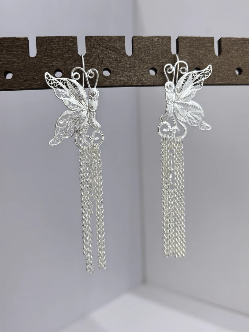 足银耳饰 足银990花丝蝴蝶流苏耳环女气质复古民族风