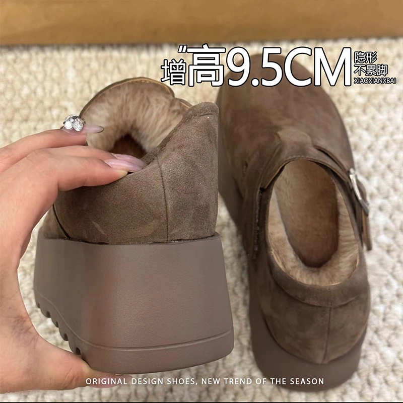 松糕厚底加绒内增高勃肯鞋女2025秋冬季新款百搭一脚蹬高跟乐福鞋