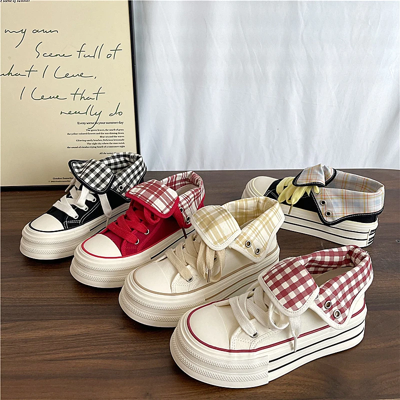 易少年 2025秋季爆款新款两穿格纹帆布鞋女高帮厚底百搭复古板鞋