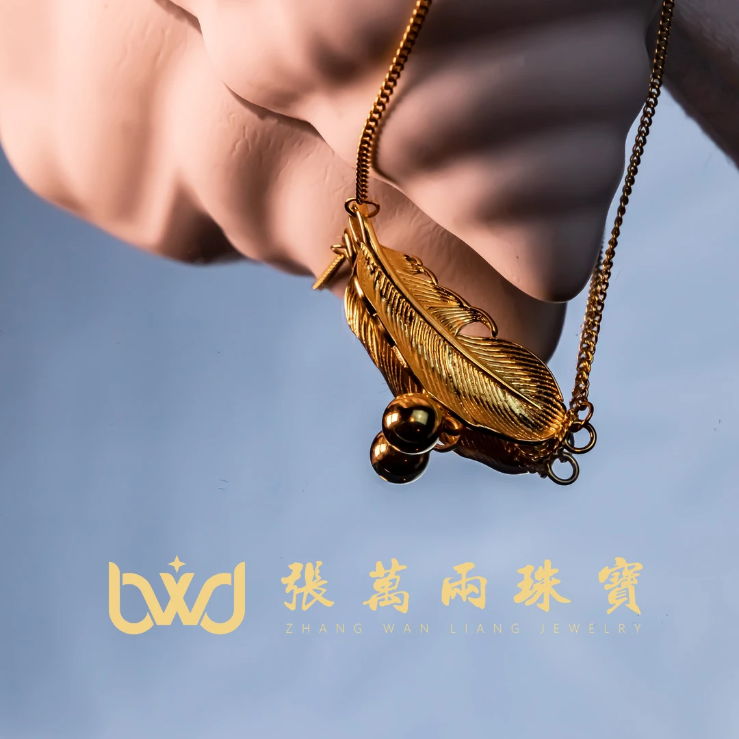 坠链均足银 足银羽毛套链金色复古厚包金工艺