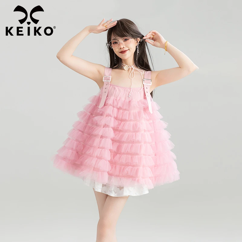 KEIKO 樱花粉层叠轻纱吊带连衣裙夏日多巴胺穿搭蓬蓬蛋糕短裙子