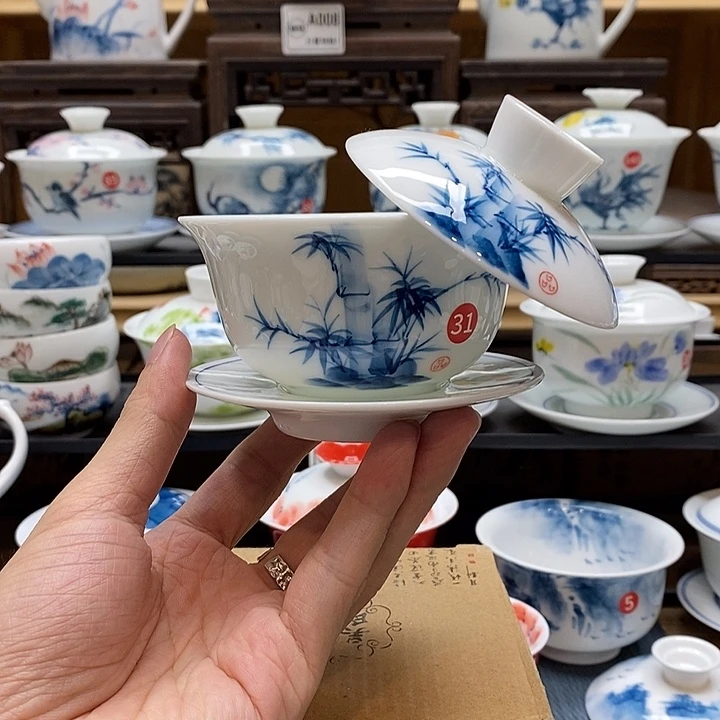 手绘竹子悬停盖碗150cc釉下彩微瑕福利款