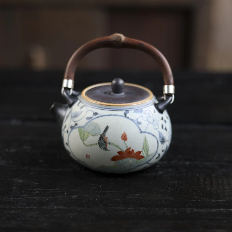 斋居 开窗荷花喜鹊-朴云堂-提梁壶(210ml)（朴壶0163）