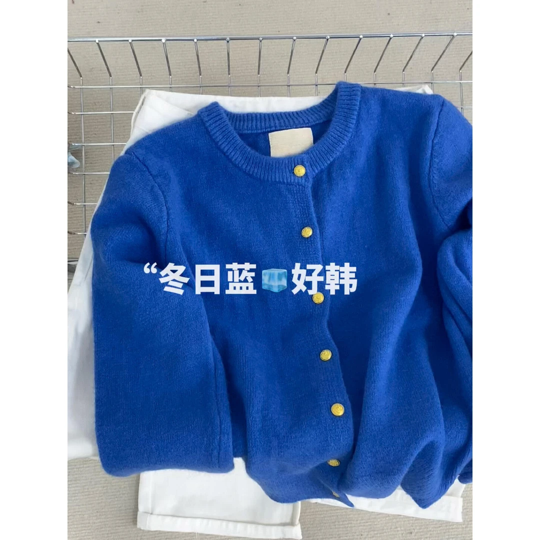 巨漂亮！好美！韩版针织衫女克莱因蓝圆领长袖毛衣开衫外套气质上衣