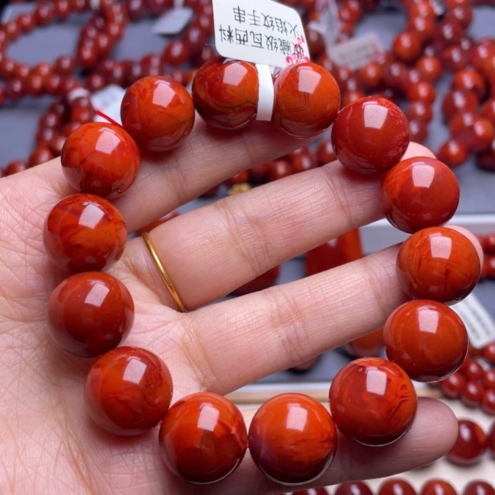 南红玛瑙未镶嵌其他D15mm收藏级瓦西料玫红虎皮肉火焰手串