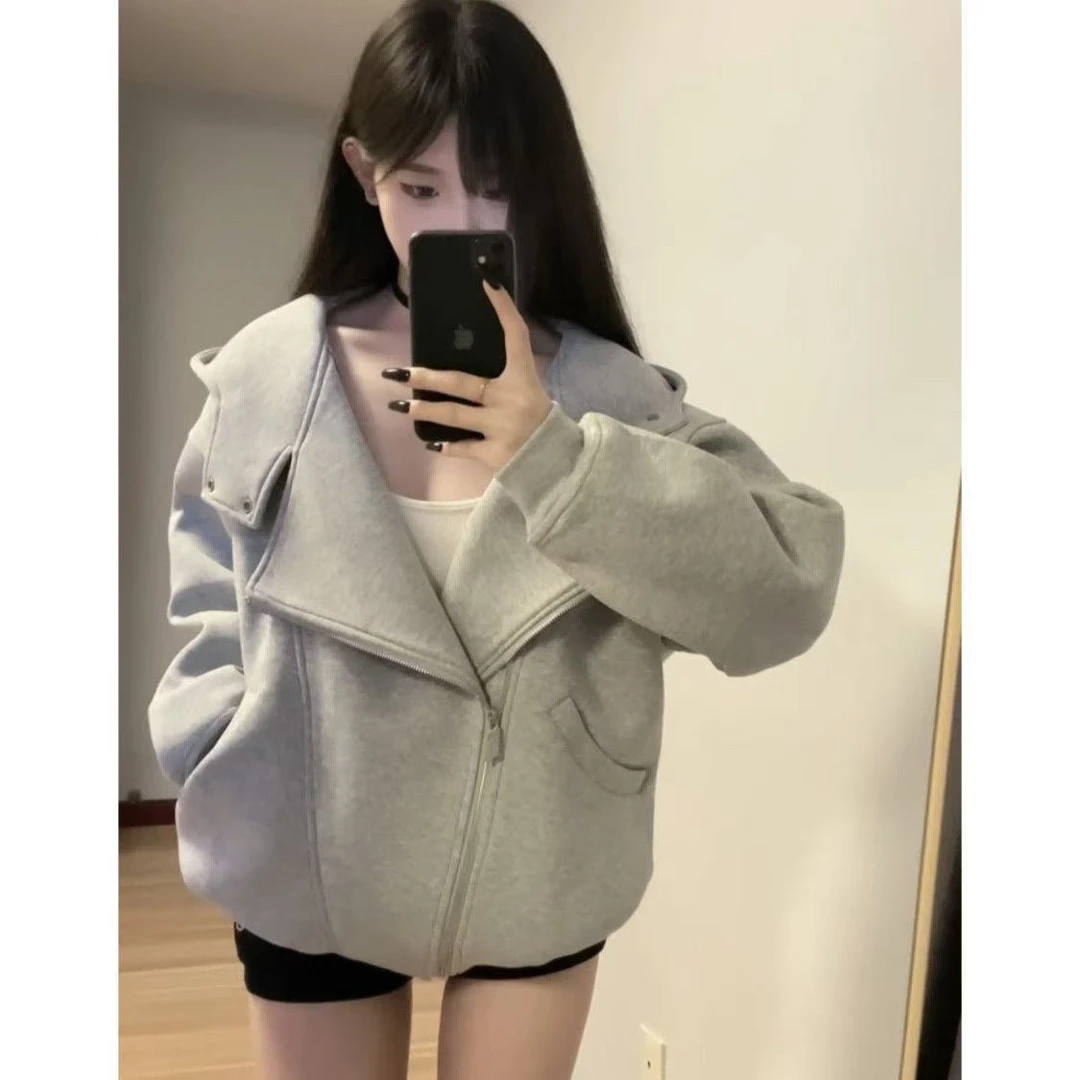 灰色设计感连帽拉链卫衣秋季新款宽松慵懒风美式休闲百搭开衫外套