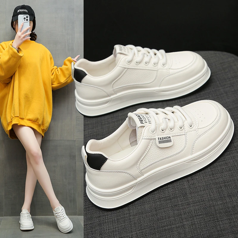 3公分平底板鞋女2025春季爆款网红休闲小白鞋新款百搭系带白鞋潮