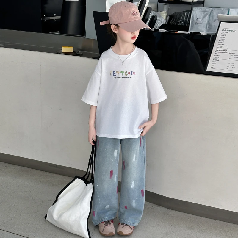 女童套装套装洋气韩版薄款儿童牛仔裤短袖套装6-12岁潮款中大童装