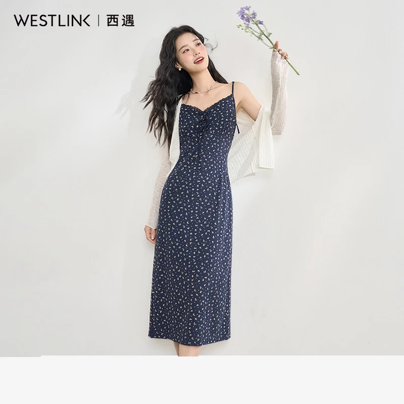 0336法式浪漫精致花边领口吊带碎花裙女2025女夏季弹力收腰连衣裙