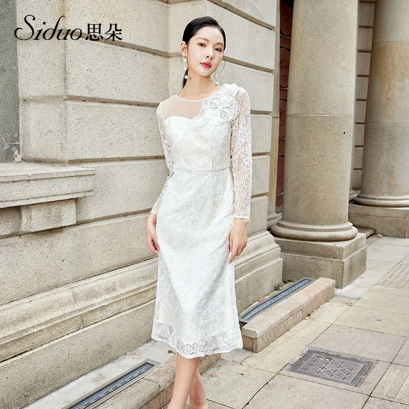 【思朵】S23399蕾丝气质长袖白色时尚复古长款蕾丝气质长袖礼服