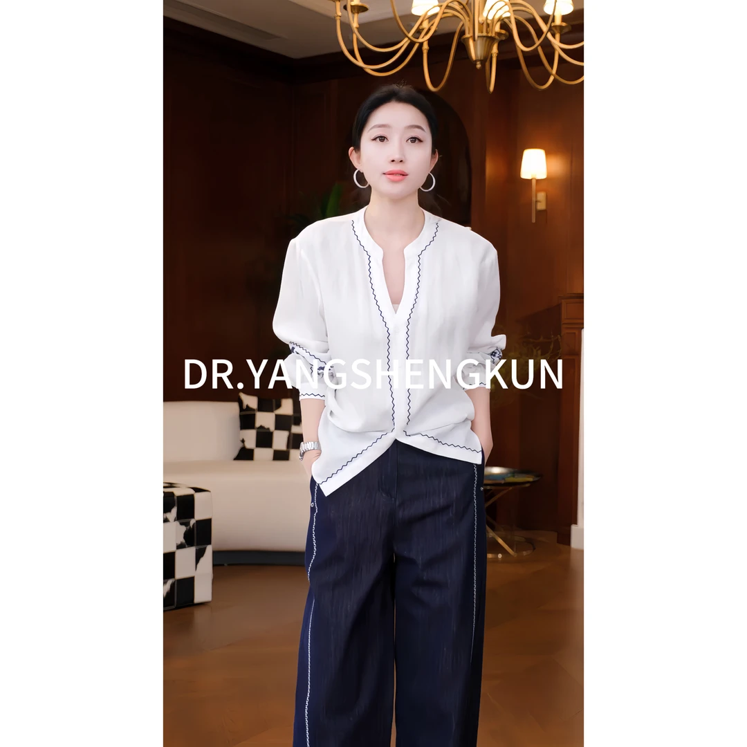 DR杨圣坤2025夏季深V领显瘦亚麻休闲衬衫女刺绣民族风DR2502-2221