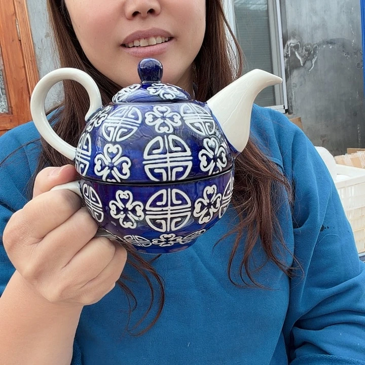 外贸子母壶套装蓝色中国元素
