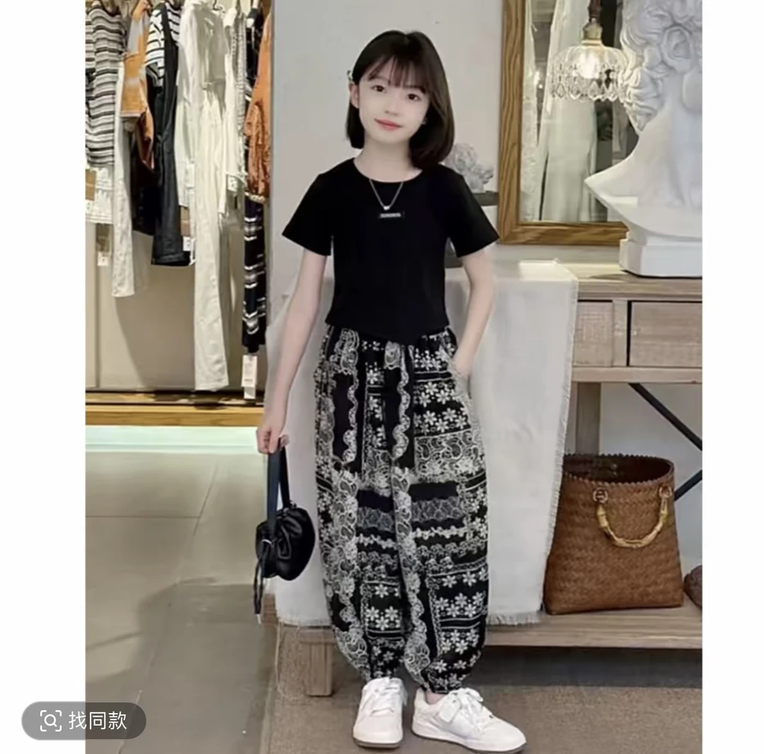 女童夏季短袖不规则T恤2025新款韩版中大童洋气薄款防蚊裤两件套