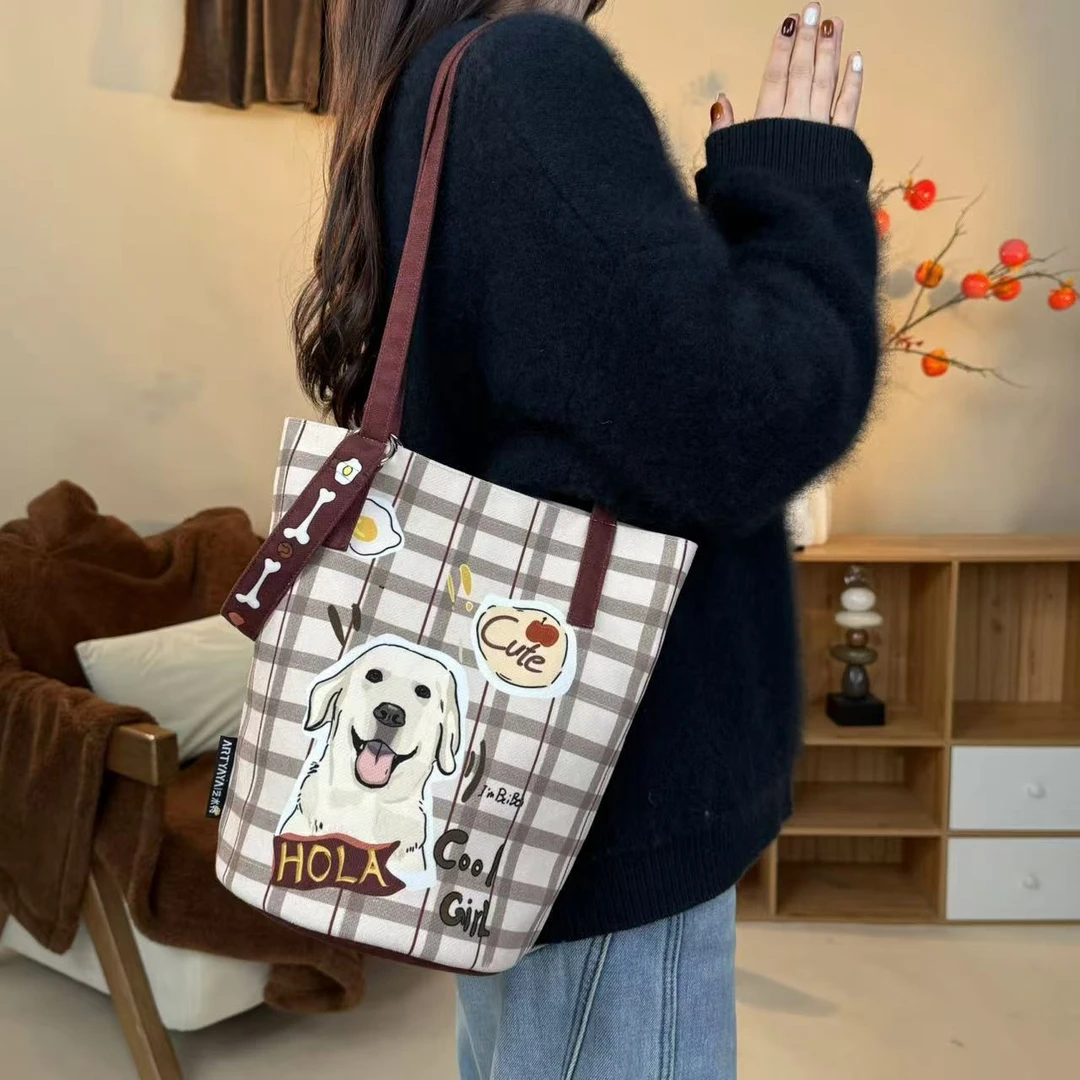 新款可爱拉布拉多细肩带水桶包单肩包可爱帆布包女