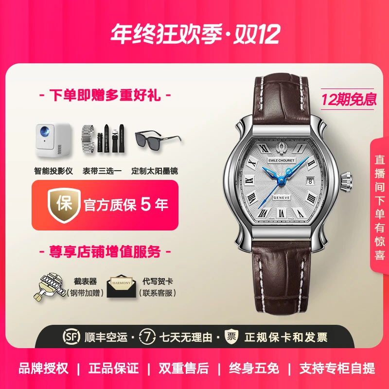 艾米龙瑞士手表自动机械表当代奢华系列女表棕色皮带气质女士腕表