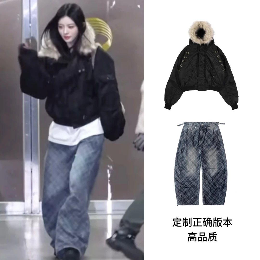 Minju朴敏珠同款黑色毛领短款连帽宽松棉服女2025冬季保暖外套潮