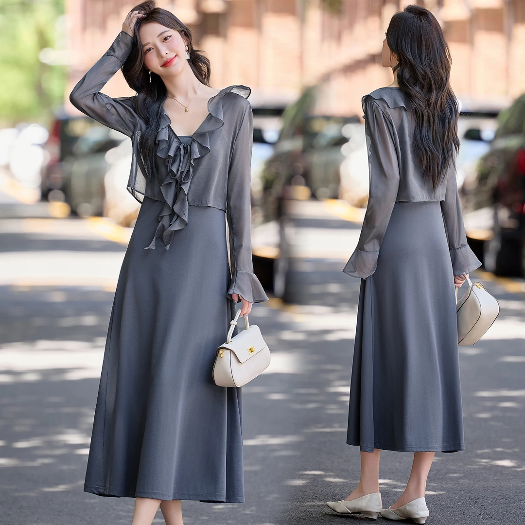 2025夏季新款时尚气质韩系修身荷叶边防晒外搭吊带长裙两件套裙女