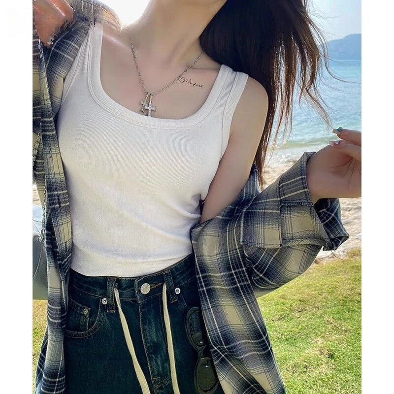 纯欲方领吊带遮副乳背心女内搭外穿辣妹时尚修身美背无袖打底上衣