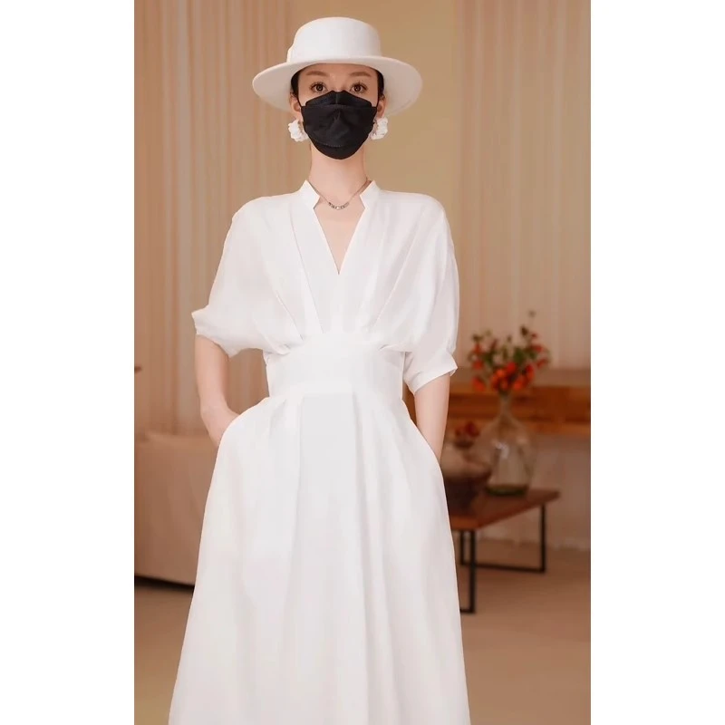 大码微胖mm漂亮法式温柔风白色连衣裙女夏季V领显高气质A字长裙子