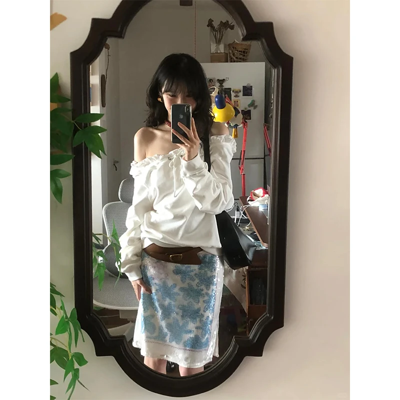 韩系辣妹风设计感抽绳系带斜肩长袖卫衣套头上衣宽松高腰半身裙女