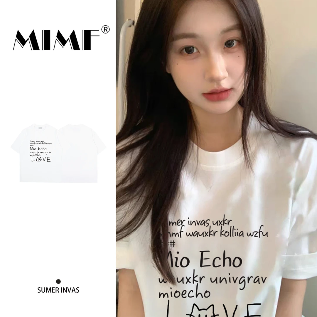 mnmf涂鸦字母印花纯棉百搭上衣圆领宽松显瘦短袖T恤女装oversize