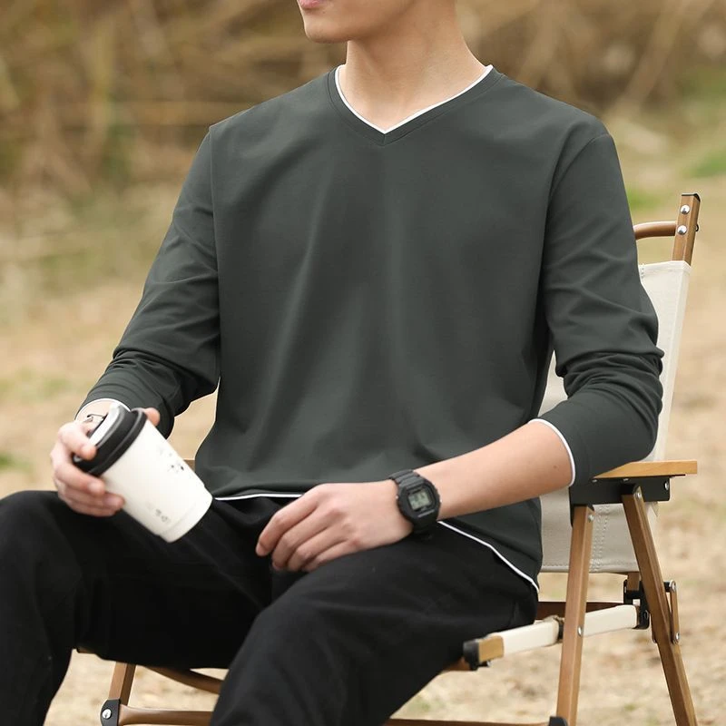 春秋新款时尚V领长袖T恤男士秋衣打底衫体恤潮流修身纯色百搭上衣