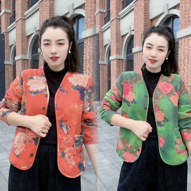 民族风新中式秋季长袖衬衫短款上衣女装复古气质加绒小外套